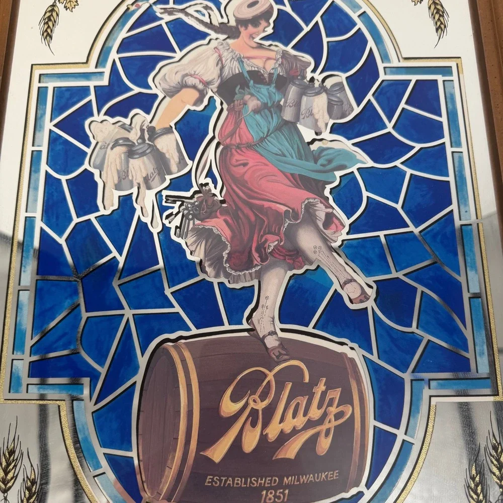 Blatz Beer Bar Mirror Vintage 15x19 Brown Stained Glass Style Girl Barrel Decor